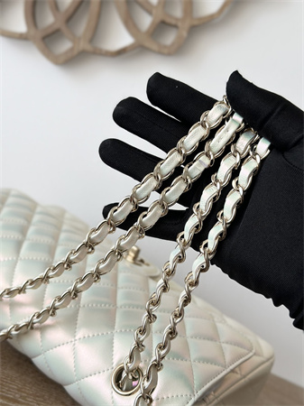 Ch*el medium classic flap bag iridescent lambskin gold tone metal white 01112