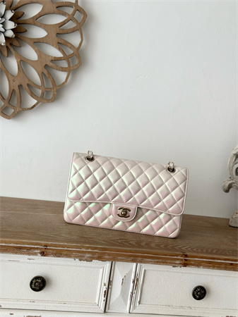 Ch*el medium classic flap bag iridescent lambskin gold tone metal lt beige 01112