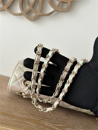 Ch*el medium classic flap bag iridescent lambskin gold tone metal lt beige 01112