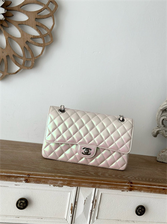 Ch*el medium classic flap bag iridescent lambskin silver tone metal lt beige 01112