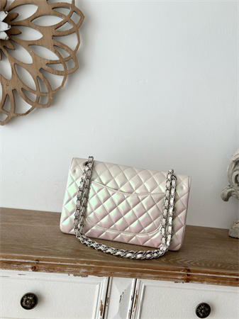 Ch*el medium classic flap bag iridescent lambskin silver tone metal lt beige 01112