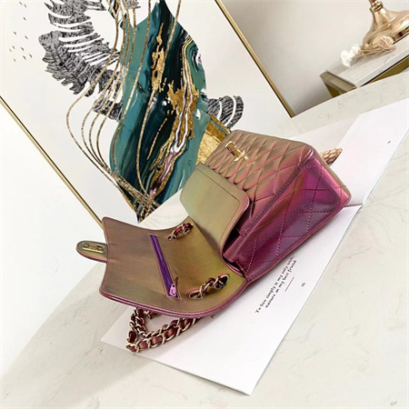 Ch*el medium classic flap bag iridescent lambskin gold tone metal  01112