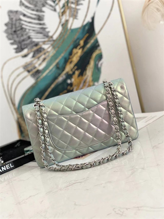 Ch*el medium classic flap bag iridescent lambskin silver tone metal  01112