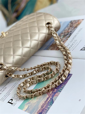 Ch*el medium classic flap bag iridescent  lambskin gold tone metal champagne gold 01112