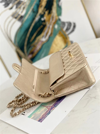 Ch*el medium classic flap bag iridescent  lambskin gold tone metal champagne gold 01112