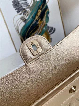 Ch*el medium classic flap bag iridescent  lambskin gold tone metal champagne gold 01112