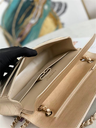 Ch*el medium classic flap bag iridescent  lambskin gold tone metal champagne gold 01112