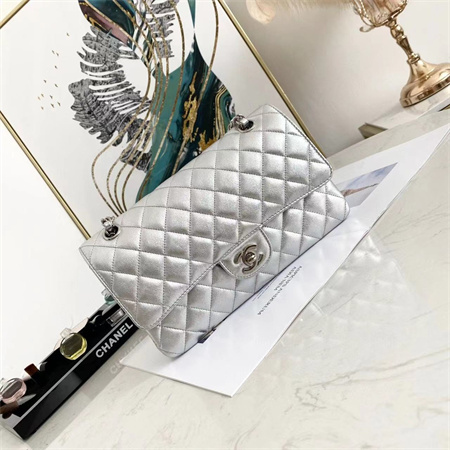 Ch*el medium classic flap bag iridescent lambskin silver tone metal silver 01112