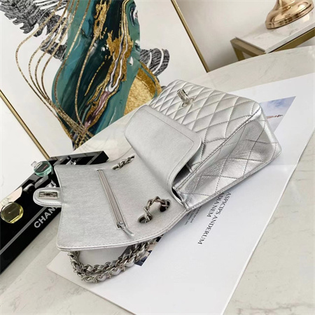 Ch*el medium classic flap bag iridescent lambskin silver tone metal silver 01112