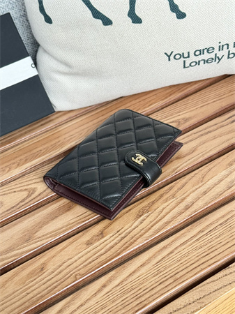 Ch*el passport holder in lambskin gold tone metal black ap3658