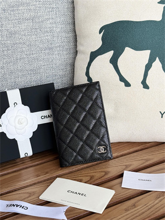 Ch*el passport holder in grained calfskin silver tone metal black a80385