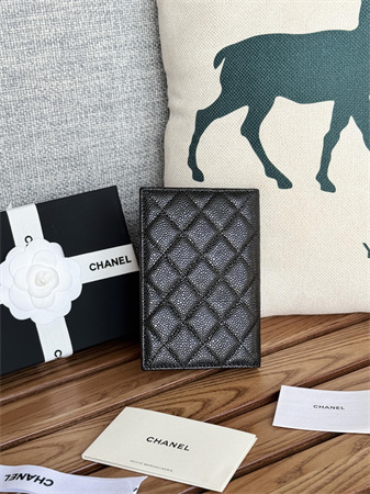 Ch*el passport holder in grained calfskin silver tone metal black a80385