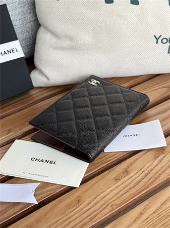 Ch*el passport holder in grained calfskin silver tone metal black a80385