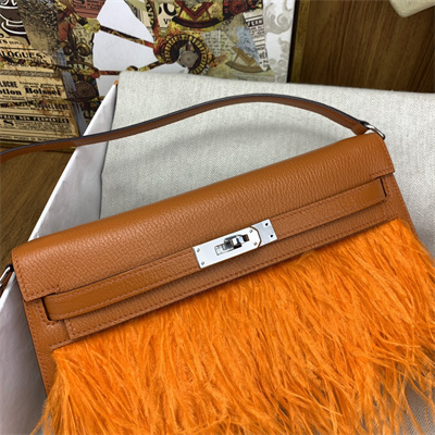 Kelly Elan Bag Goatskin Leather With Ostrich Feather Silver Tone Metal In Orange HS