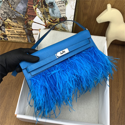Kelly Elan Bag Goatskin Leather With Ostrich Feather Silver Tone Metal In Blue Frida HS
