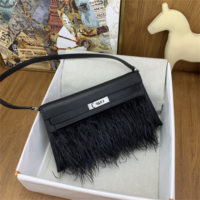 Kelly Elan Bag Goatskin Leather With Ostrich Feather Silver Tone Metal In Black HS