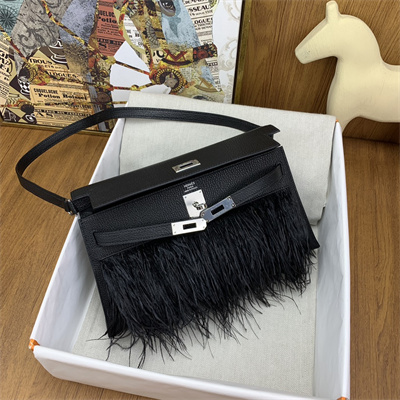 Kelly Elan Bag Goatskin Leather With Ostrich Feather Silver Tone Metal In Black HS