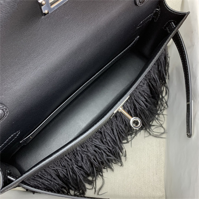 Kelly Elan Bag Goatskin Leather With Ostrich Feather Silver Tone Metal In Black HS