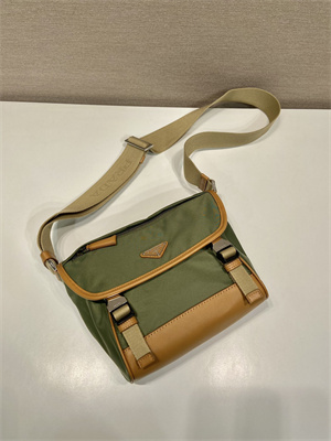 Pra*a re-nylon and leather shoulder bag military/caramel 2vd066