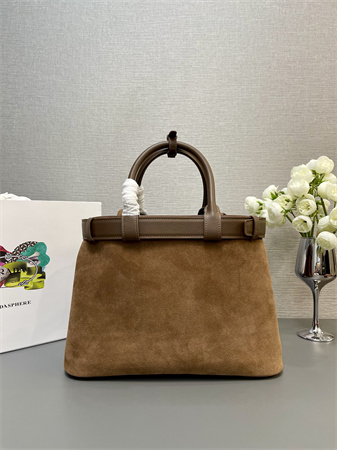 Pra*a buckle medium suede leather handbag with double belt brown1ba417