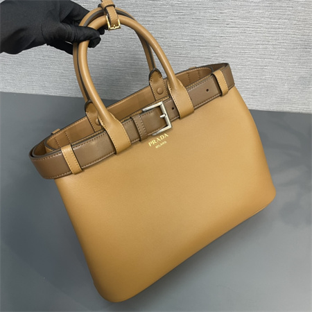 Pra*a buckle medium leather handbag with double belt brown 1ba417