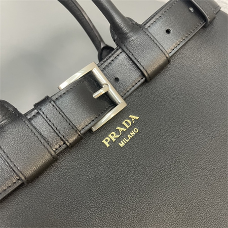 Pra*a buckle medium leather handbag with double belt black 1ba417