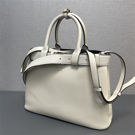 Pra*a buckle medium leather handbag with double belt cream 1ba417
