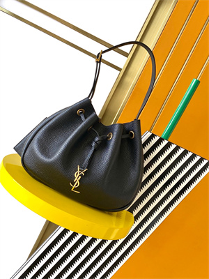 Y.S.L PARIS VII FLAT Small HOBO BAG In Black Grained Calfskin Leather