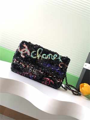 Cha.nel Flap Bag Sequins & Silver-Tone Metal  Black AS4561