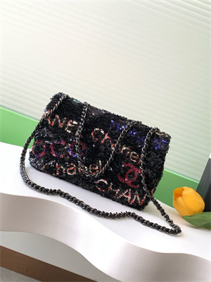 Cha.nel Flap Bag Sequins & Silver-Tone Metal  Black AS4561