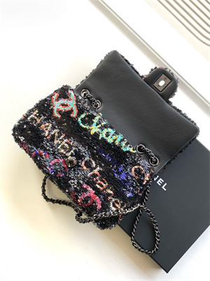 Cha.nel Flap Bag Sequins & Silver-Tone Metal  Black AS4561