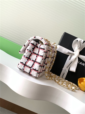 Cha.nel Mini Classic Flap Bag Tweed With Sequins Gold Tone Metal White/Pink 01116