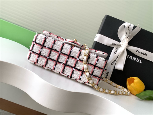 Cha.nel Mini Classic Flap Bag Tweed With Sequins Gold Tone Metal White/Pink 01116