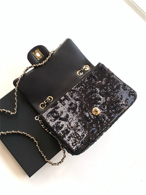 Cha.nel Mini Classic Handbag Sequins and Gold Tone Metal Black A69900
