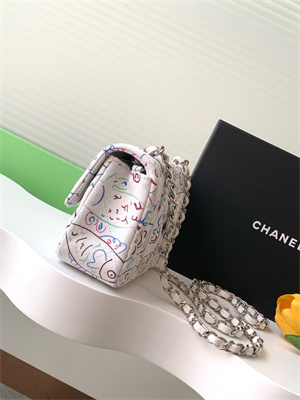 Cha.nel Mini Classic Flap Bag Colorful Canvas Silver Tone Metal White 01116