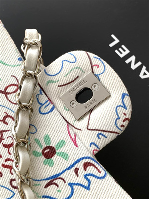 Cha.nel Mini Classic Flap Bag Colorful Canvas Silver Tone Metal White 01116