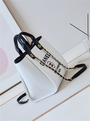 Cha.nel Deauville Small Shopping Bag Mixed Fibers Gold Tone Metal White/Black AS3257