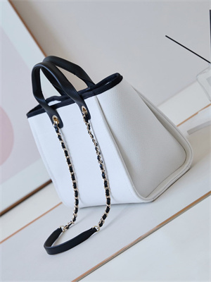 Cha.nel Deauville Small Shopping Bag Mixed Fibers Gold Tone Metal White/Black AS3257