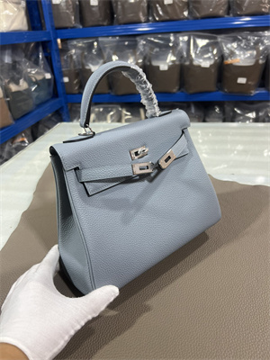 Kelly Retourne Bag Togo Leather 25/28CM Gold/Silver Hardware In Blue Linen Color  HS