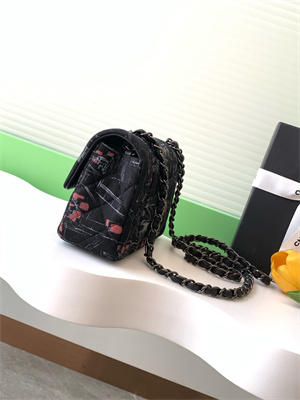 Cha.nel Mini Classic Flap Bag Colorful Canvas Silver Tone Metal Black 01116