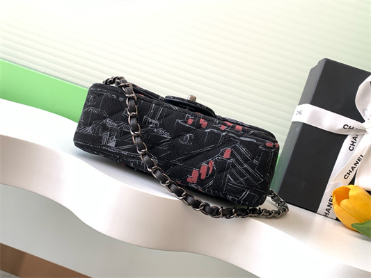 Cha.nel Mini Classic Flap Bag Colorful Canvas Silver Tone Metal Black 01116