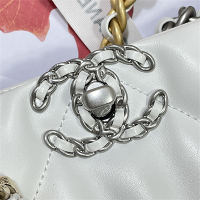 Cha.nel 19 Shopping Bag Lambskin Silver Tone Metal White AS3660