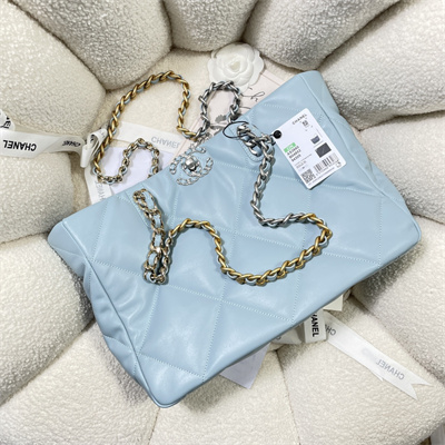 Cha.nel 19 Shopping Bag Lambskin Silver Tone Metal Blue AS3660