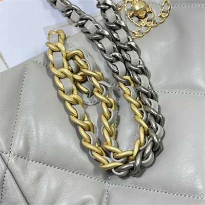Cha.nel 19 Shopping Bag Lambskin Gold Tone Metal Lt Grey AS3660