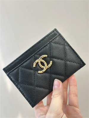 Ch*el card holder black grained calfskin gold tone metal 3878