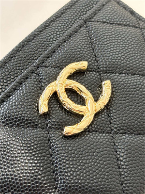 Ch*el card holder black grained calfskin gold tone metal 3878