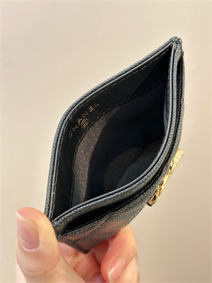 Ch*el card holder black grained calfskin gold tone metal 3878