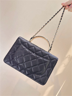 Ch*el wallet on chain with enamel top handle grained calfskin gold tone metal black 4853