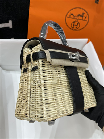 Kelly Mini Picnic Bag 20 Swift Leather Wicker Silver Tone Hardware Black Color HS