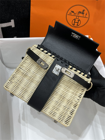 Kelly Mini Picnic Bag 20 Swift Leather Wicker Silver Tone Hardware Black Color HS